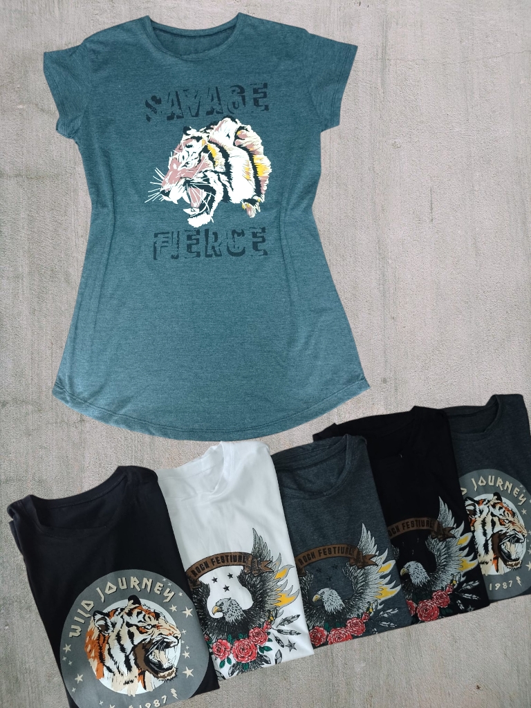 Remera Dama M/C Algodon Cardado con estampas Varias T2 a T8