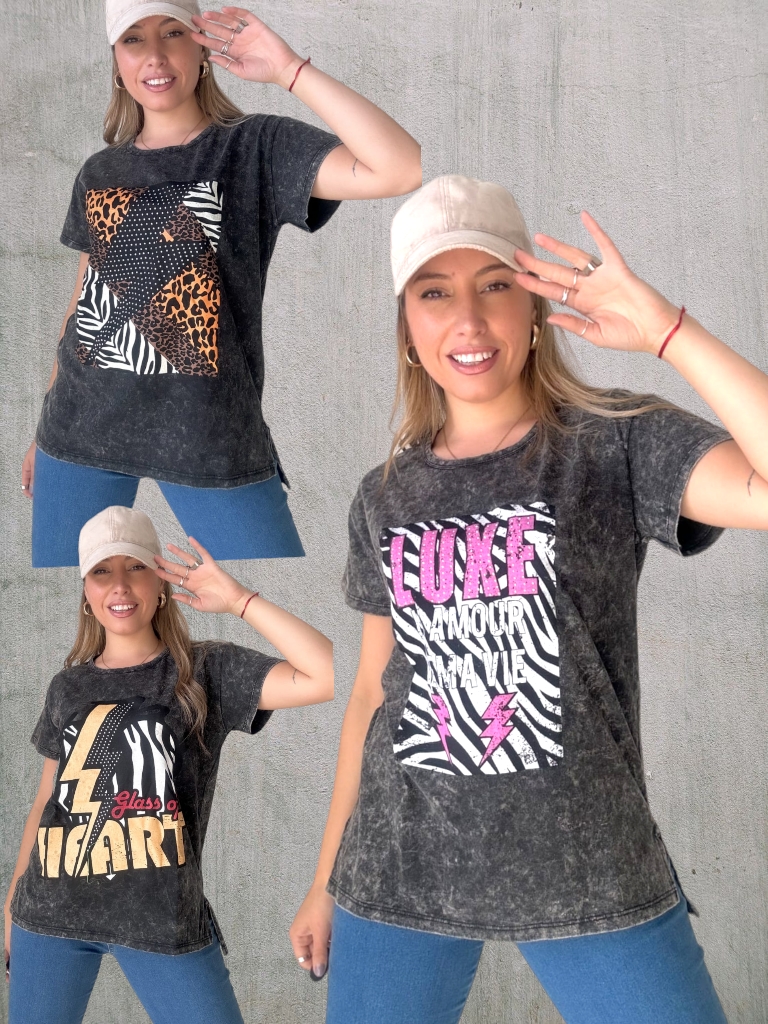 Remera Dama Stonewash con estampa T.U aprox 3/4 (estampas varias)