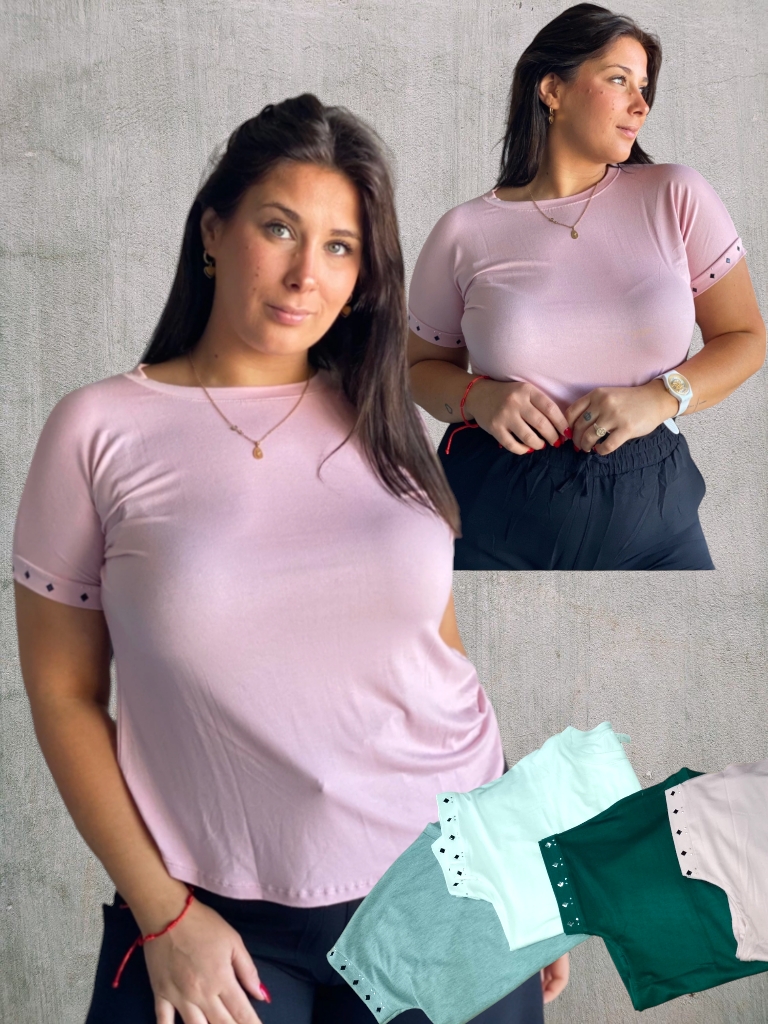 Remera Dama M/C Modal con brillo en mangas T.M (BLANCA)